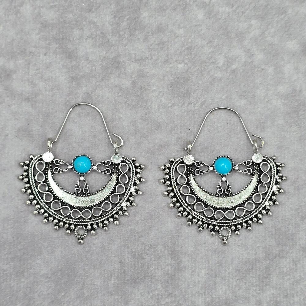 Silver Blue Bohemian Floral Drop Dangle Hook Fashion Jewelry Earrings NWT JB2-87
